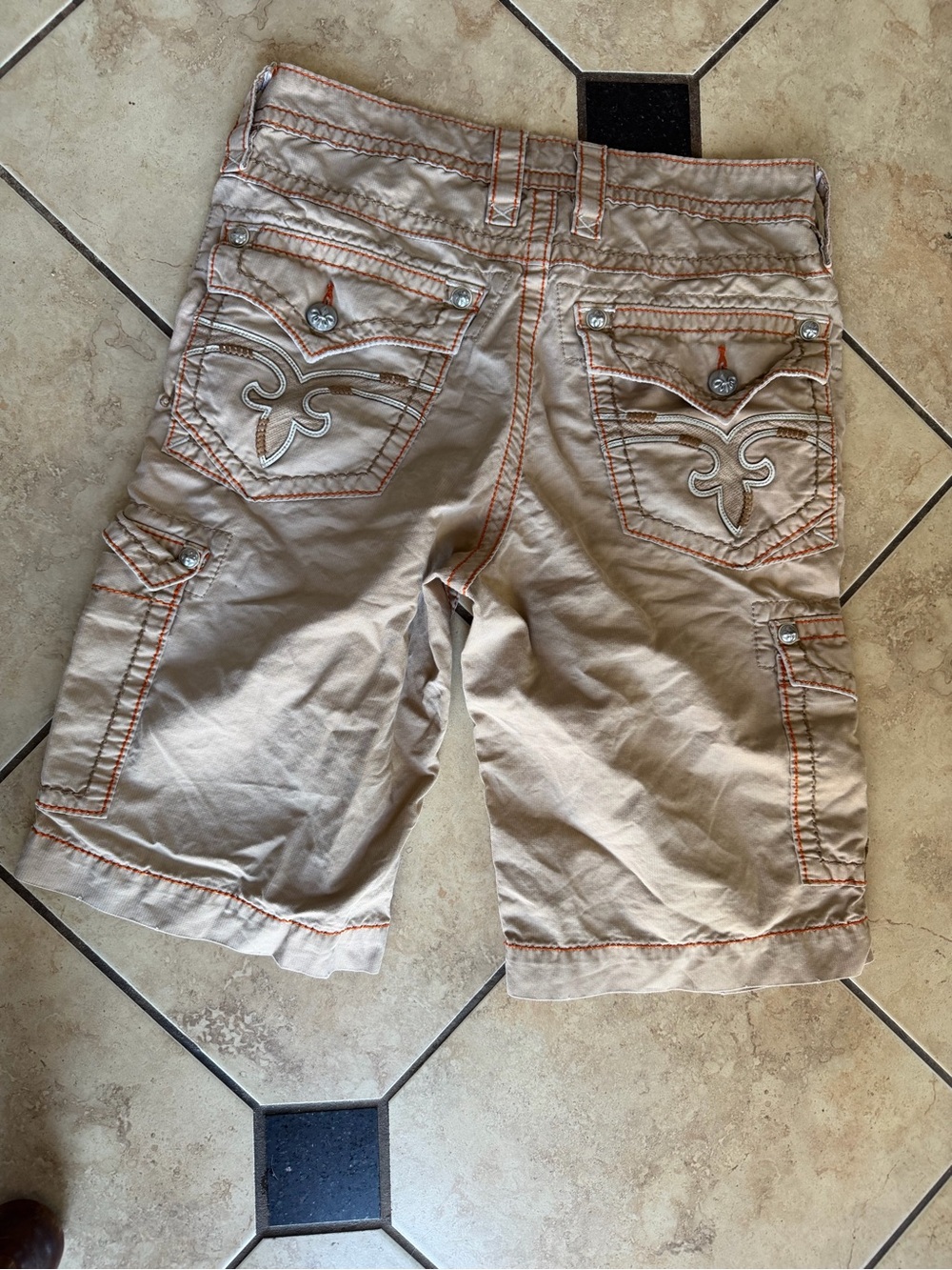 Rock Revival Tan Cargo Shorts with Orange Topstitching